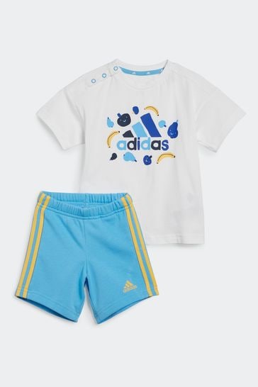 adidas White/Blue Kids Sportswear Essentials All-Over Print T-Shirts Set
