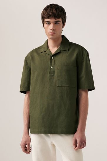 Green Overhead Linen Blend Short Sleeve Shirt