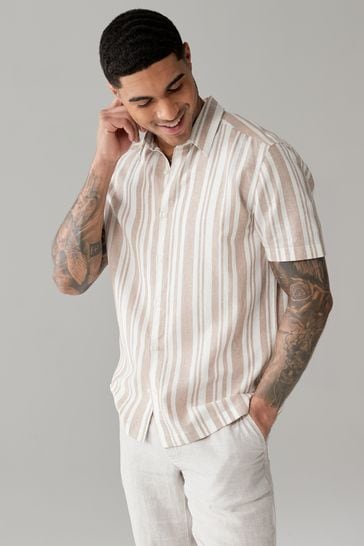 Stone Linen Blend Stripe Short Sleeve Shirt