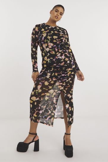 Buy Simply Be Black Mesh Ruched Midi Dress from Next Bahrain