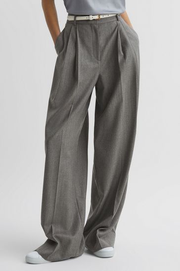 Reiss Grey Otis Wool Blend Pinstripe Wide Leg Trousers