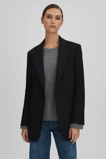 Reiss Black Alia Oversized Wool Blend Single Breasted Blazer