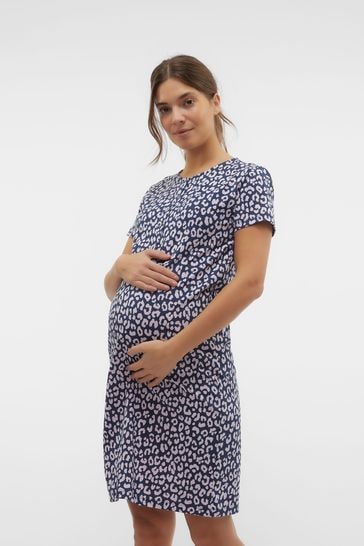 Mamalicious Blue Maternity Button Front Comfort Night Dress With Nursing Function