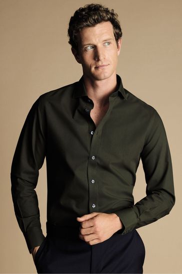 Charles Tyrwhitt Green Non-iron Poplin Cutaway Slim Fit Shirt