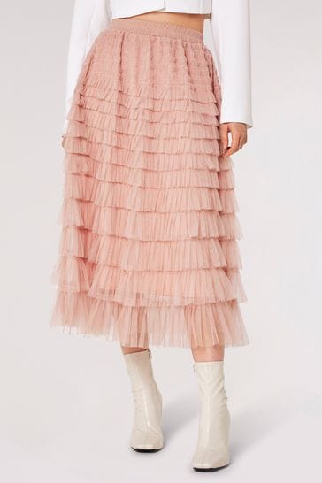 Apricot Pink Tulle Layered Midi Skirt