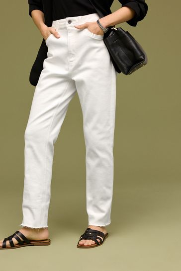 White Straight Raw Hem Jeans