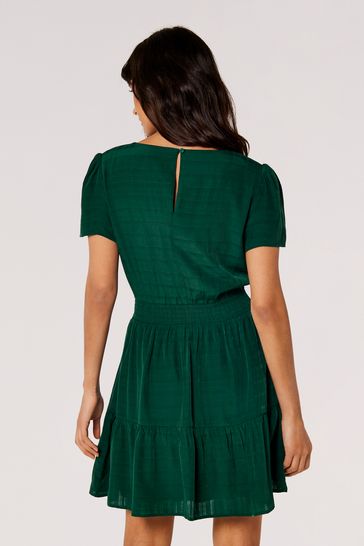 Apricot Green Self Check Smock Waist Tier Dress