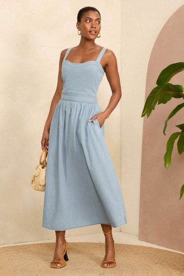 Buy Love Roses Blue Chambray Denim Strappy Midi Dress from Next Netherlands