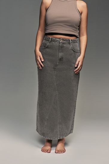 Grey 100 Cotton Hourglass Maxi Denim Skirt
