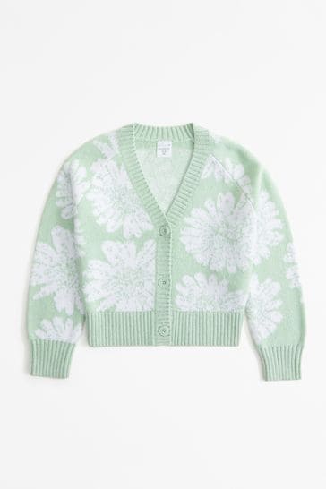 Abercrombie & Fitch Oversized Green Floral Knit V-Neck Cropped Cardigan