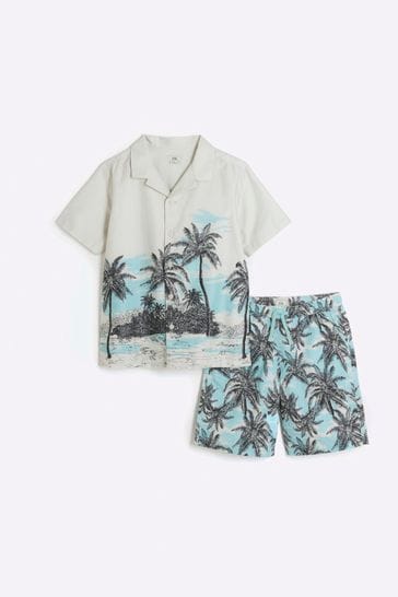 River Island White/Black/Blue Boys Palm Print Shirt and Short Set