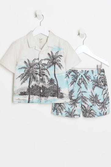 River Island Cream Boys Palm Print Pyjama Set