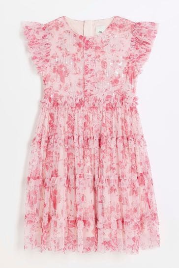 River Island Pink Girls Floral Tierred Dress
