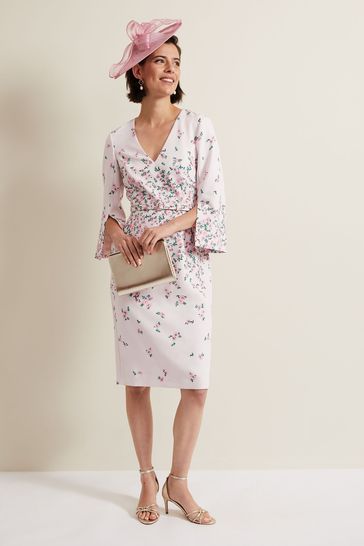 Phase Eight Pink Giovanna Floral Belted Split Sleeve Dress