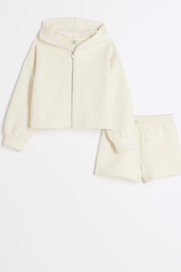 River Island Cream Girls Waffle 100 Cotton Hoodie and Shorts Set