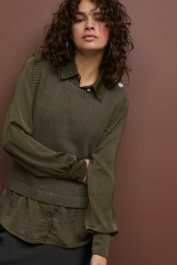 Buy Khaki Green Gem Button Shirt Layer Jumper from Next Kuwait