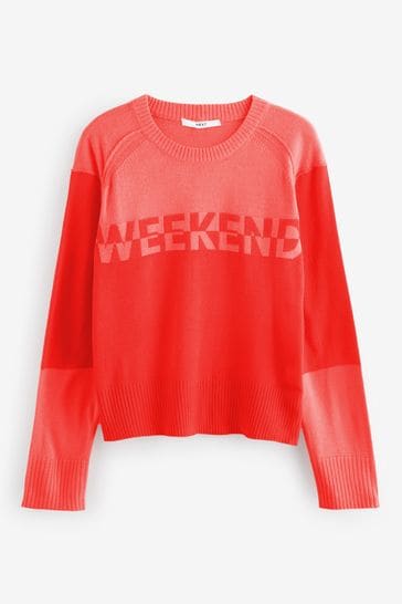 Orange Weekend Slogan Colourblock Jumper