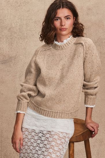 Camel Brown Ruffle Neck Knitted 100 Cotton Jumper