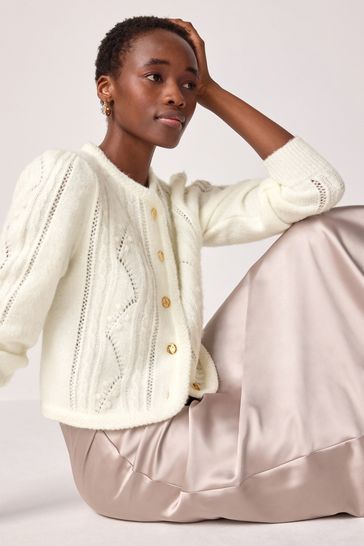 Buy Ecru White Gold Button Stitch Crew Cardigan from Next Netherlands
