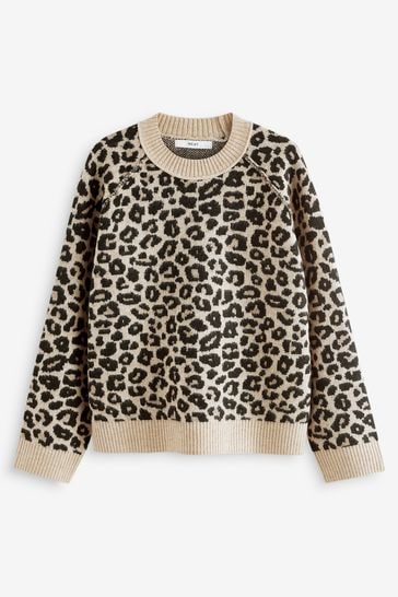 Buy Leopard Animal Seam Detail Crew Neck Jumper with Wool from Next Sweden