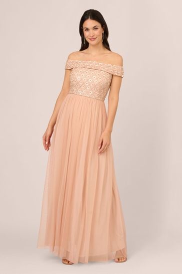 Adrianna Papell Pink Off Shoulder Bead Gown