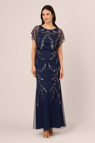 Adrianna Papell Blue Studio Beaded Flutter Blouson Gown