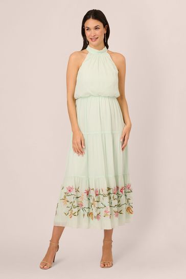 Adrianna Papell Green Bead Chiffon Halter Dress