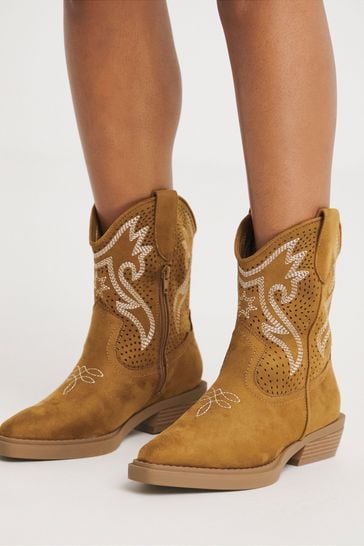 Simply Be Brown Regular/Wide Fit Laser Cut Western Ankle Boots
