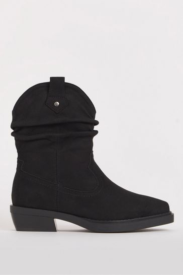 Simply Be Black Ruched Western Ankle Wide Fit Boots