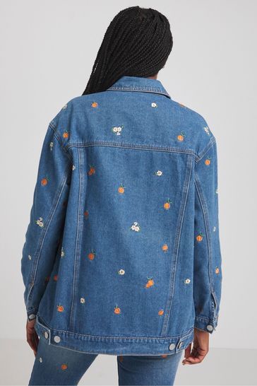Buy Simply Be Boyfriend Blue Fruit Embroidered Denim Jacket from