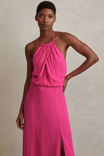 Reiss Pink Elliana Drape Front Midi Dress