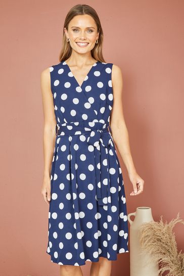 Mela Blue Spot Print Wrap Over Skater Dress