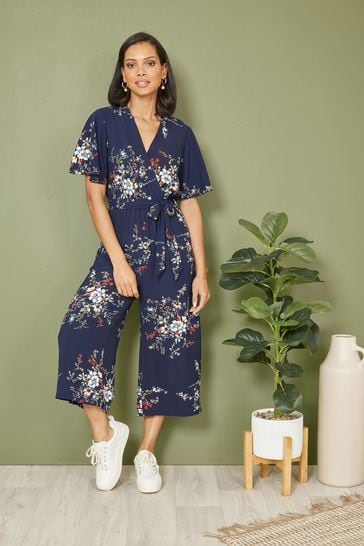 Mela Blue Floral Print Jumpsuit With Angel Sleeves