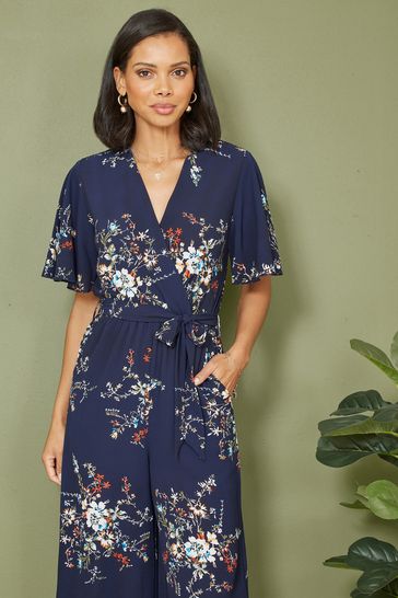 Mela Blue Floral Print Jumpsuit With Angel Sleeves