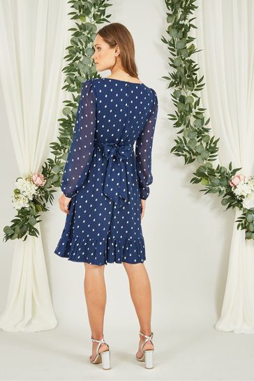 Buy Mela Blue Foil Print Long Sleeve Skater Dress With Wrap Tie