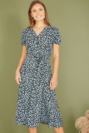 Mela Blue Ditsy Floral Print Midi Shirt Dress