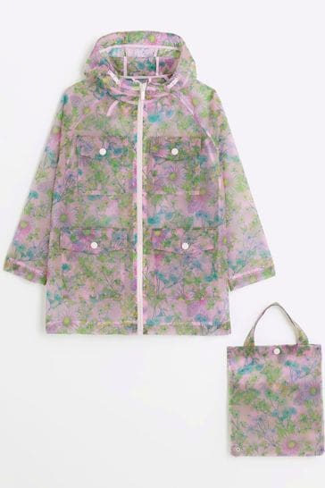 River Island Pink Girls Foral Clear Rainmac with Bag