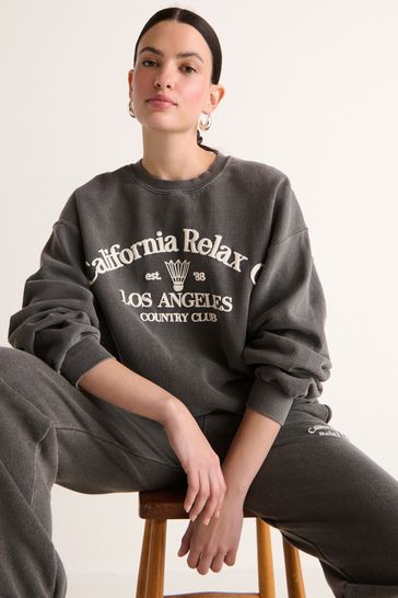 Charcoal Grey Relaxed Fit Oversized Washed California Long Sleeve Graphic Slogan Sweatshirt