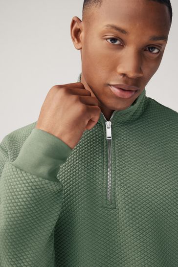 Sage Green Zip Neck Sweatshirt Premium Textured Overhead Hoodie