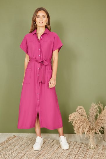 Yumi Pink Viscose Relaxed Midi Shit Dress With Pockets