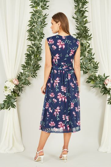 Buy Yumi Blue Floral Print Mesh Stretch Midi Dress With Pockets from Next Bahrain