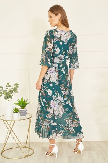 Yumi Blue Floral Wrap Midi Dress With Frill