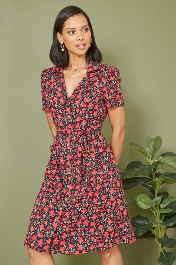 Yumi Red Poppy Print Retro Shirt Dress