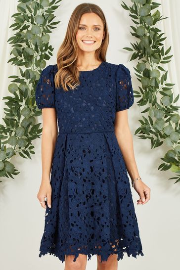 Yumi Blue Lace Skater Dress With Puff Sleeves