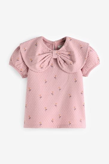 Pink Ditsy Textured Puff Short Sleeve Collar Top (3mths-7yrs)