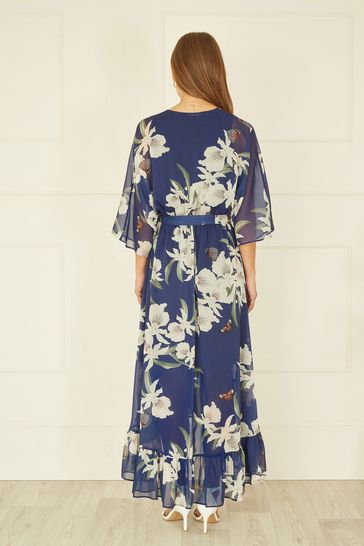 Yumi Navy Blue Floral Kimono Sleeves Dip Hem Wrap Midi Dress