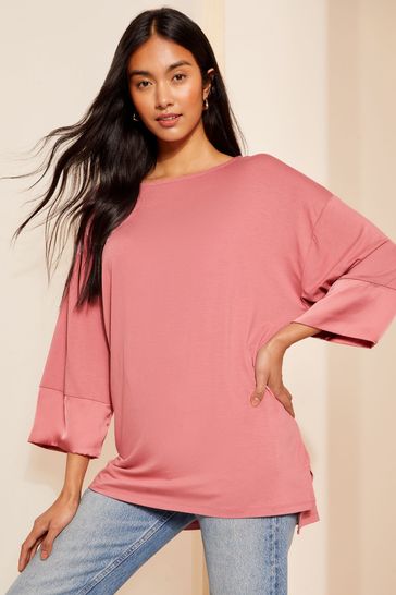 Friends Like These Pink Soft Jersey Long Sleeve Satin Trim Tunic Top