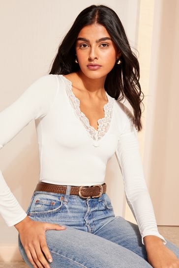 Friends Like These Cream Long Sleeve Lace Insert Bodysuit