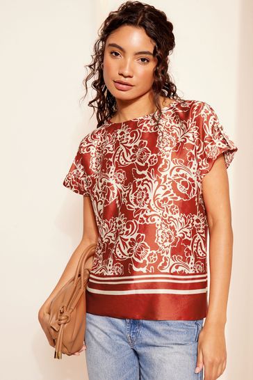 Friends Like These Red Printed Satin Utility Short Sleeve Top