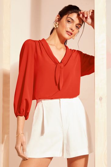 Friends Like These Red V Neck Bow Front 3/4 Sleeve Blouse